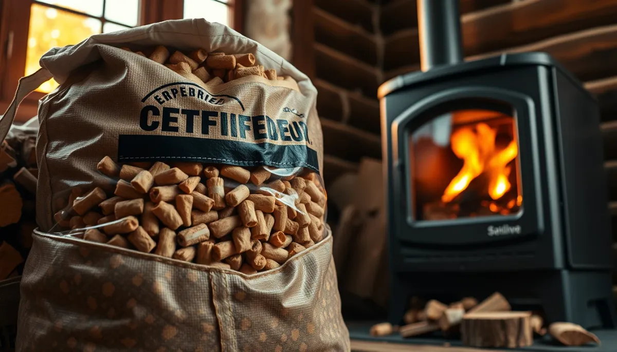 Granulés de bois certifiés stockés près d'un poêle à granulés