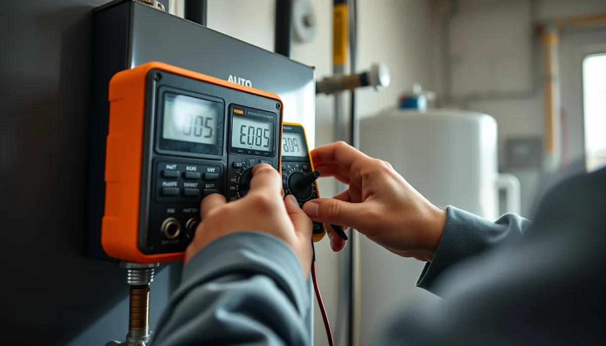 Technicien mesurant les performances énergétiques d'un chauffe-eau thermodynamique Thermor Aeromax 5