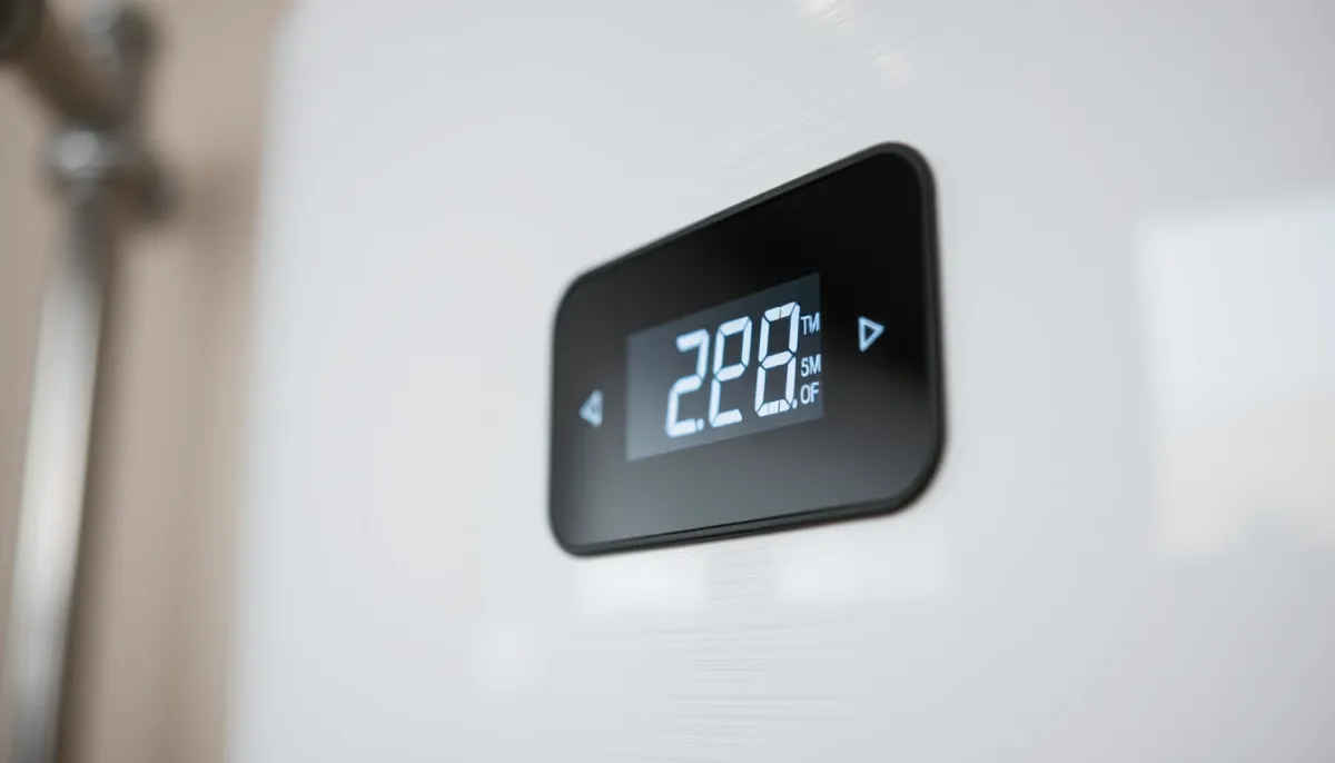 Gros plan sur le panneau de commande digital d'un chauffe-eau thermodynamique