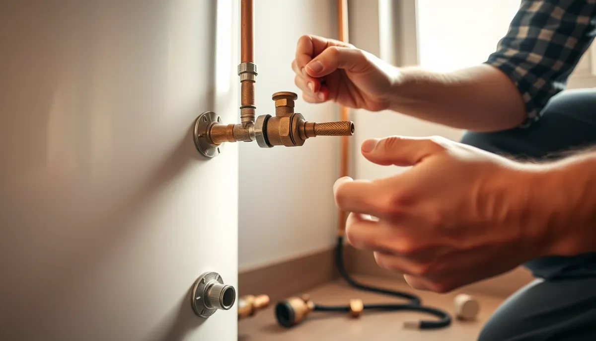 Installation d'un chauffe-eau thermodynamique par un plombier raccordant les tuyaux