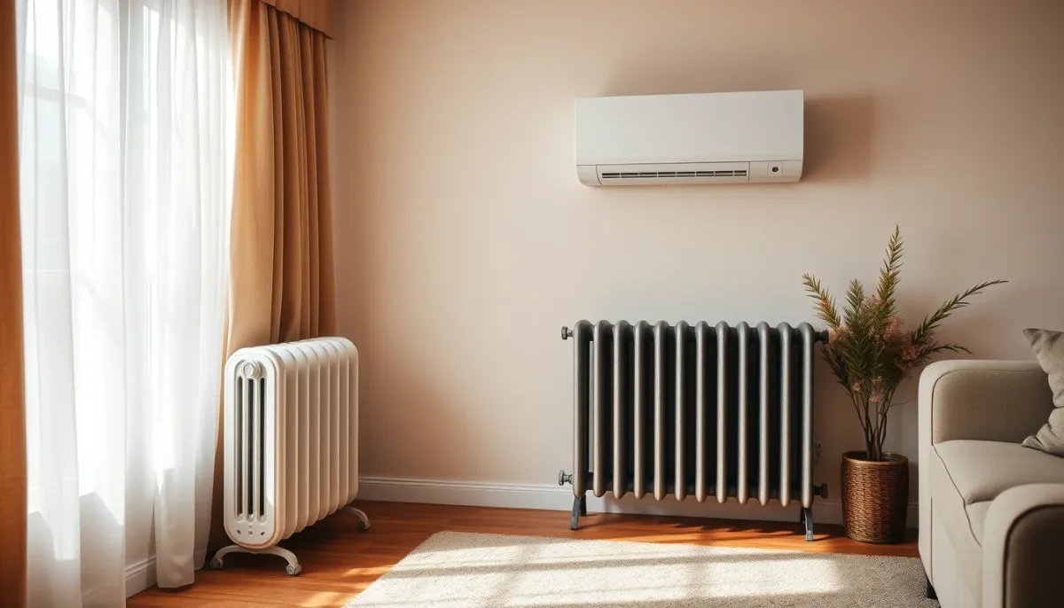 Radiateur en fonte et unité intérieure de pompe à chaleur dans un salon
