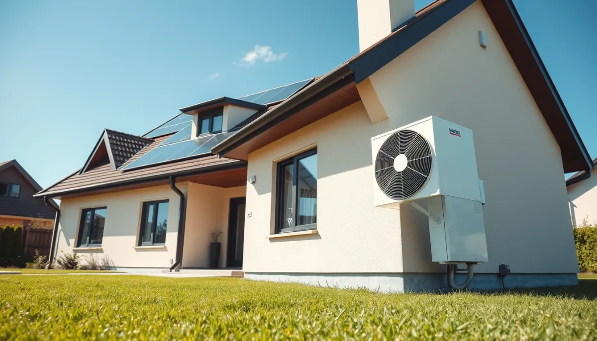 Maison moderne équipée d'une pompe à chaleur et de panneaux solaires