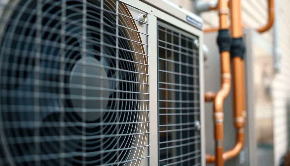 Gros plan sur l'unité extérieure d'une pompe à chaleur air/eau avec grille de ventilateur et raccords