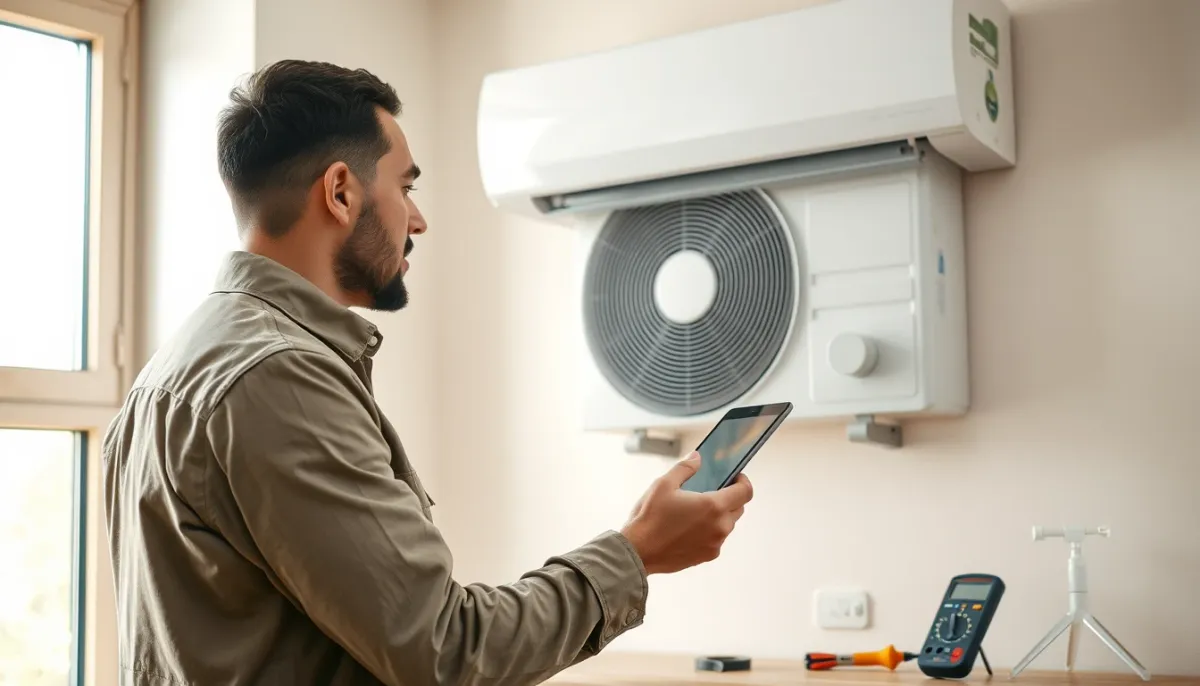 Technicien chauffagiste inspectant une pompe à chaleur intérieure avec une tablette