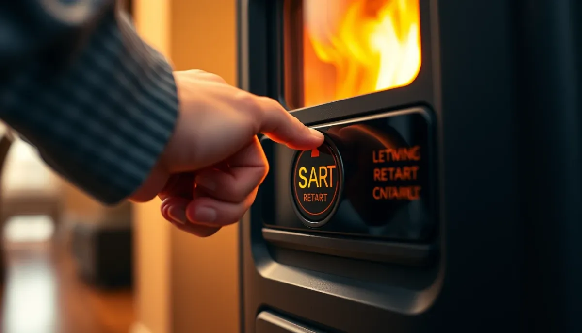 Main appuyant sur le bouton de démarrage du panneau de commande d'un poêle à granulés