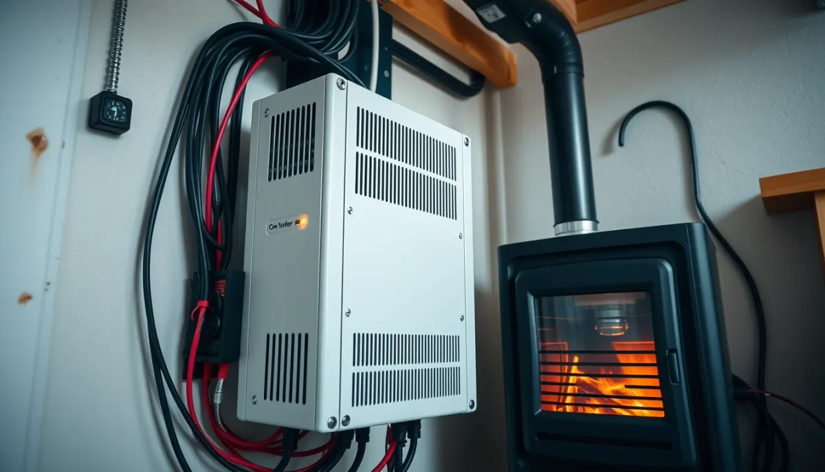 Onduleur sinusoïdal pur installé à proximité d'un poêle à granulés, avec câbles connectés