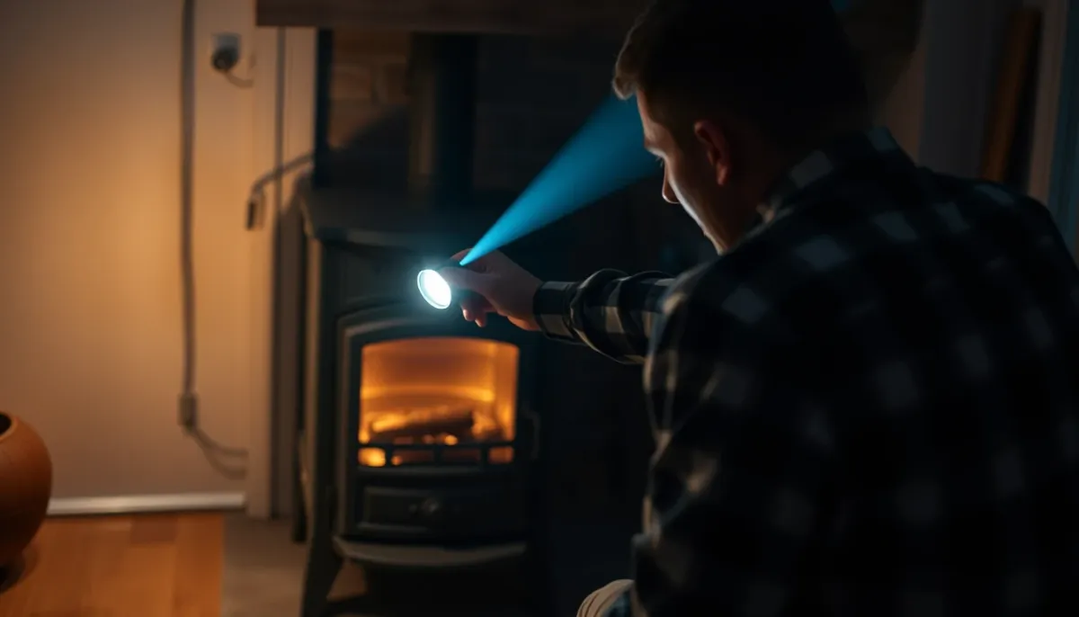 Propriétaire vérifiant son poêle à granulés à la lampe torche pendant une coupure de courant