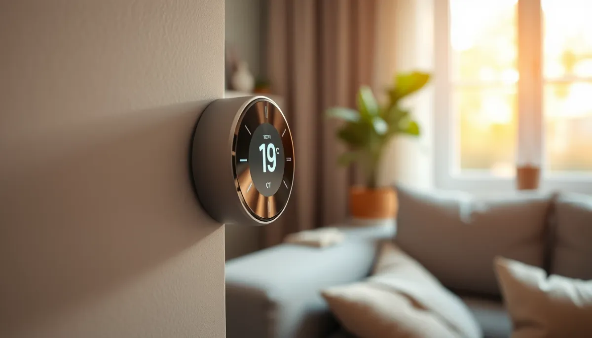 Thermostat mural réglé à 19°C dans un salon, illustrant la consigne de température d'une PAC en hiver