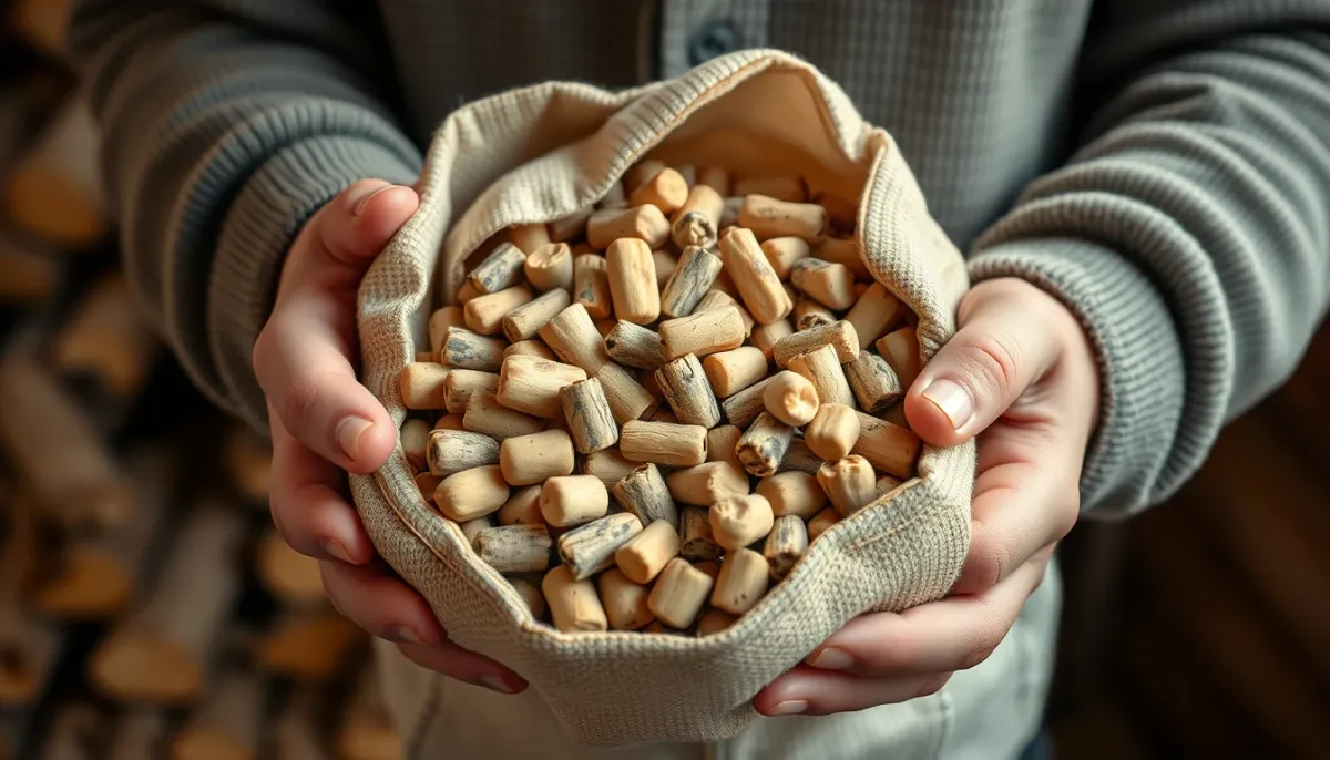 Gros plan sur des mains tenant un sac de granulés de bois