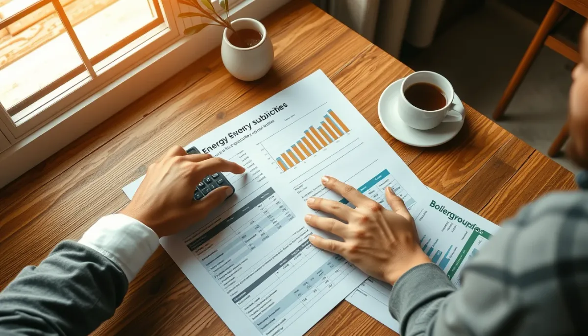 Propriétaire examinant des documents d'aides financières et un devis pour une chaudière à granulés