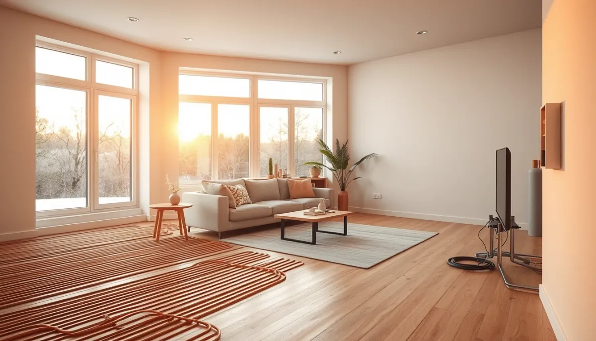 Salon lumineux chauffé par une pompe à chaleur air/eau avec plancher chauffant