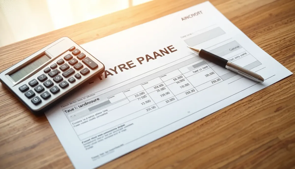 Avis d'imposition et calculatrice sur un bureau en bois, illustrant le calcul de la prime selon les revenus
