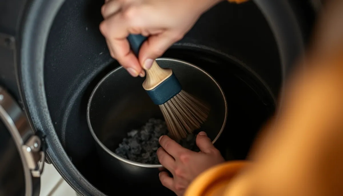 Nettoyage du creuset d'une chaudière à granulés avec une brosse