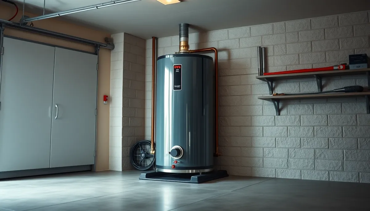 Chauffe-eau thermodynamique posé sur des plots anti-vibratiles avec panneau d'isolation acoustique dans un garage
